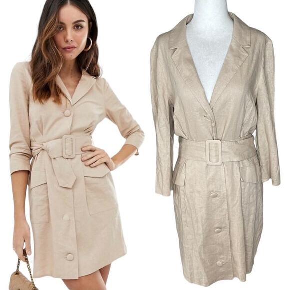 ASOS DESIGN linen mini tux dress with belt in stone sz 12 Large NWT - Picture 2 of 16